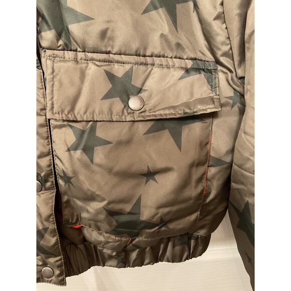 Joujou Cropped Olive Green Stars Orange Lining Puffer Coat Jacket, M - Picture 4 of 5